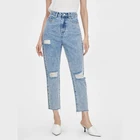 Vintage Light Blue Washed High Waist Ladies Distressed Five Pockets Crop Jeans