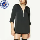 cheap women top blouse black stain zip up top 100% polyester ladies blouse with zipper