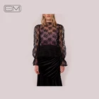 Wholesale Sexy Black Mesh Lace Crochet See Through Tops Women Long Sleeve Blouses