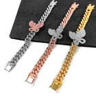 2020 hot sale hip hop jewelry micro zircon pink butterfly Cuban bracelet men women European popular
