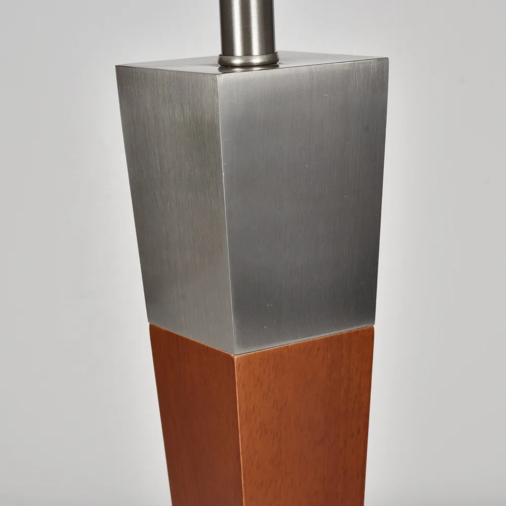 White Linen Fabric Shade Hotel Bedroom Lamp Brushed Nickel Wood Iron Table Desk Light with Outlet Port