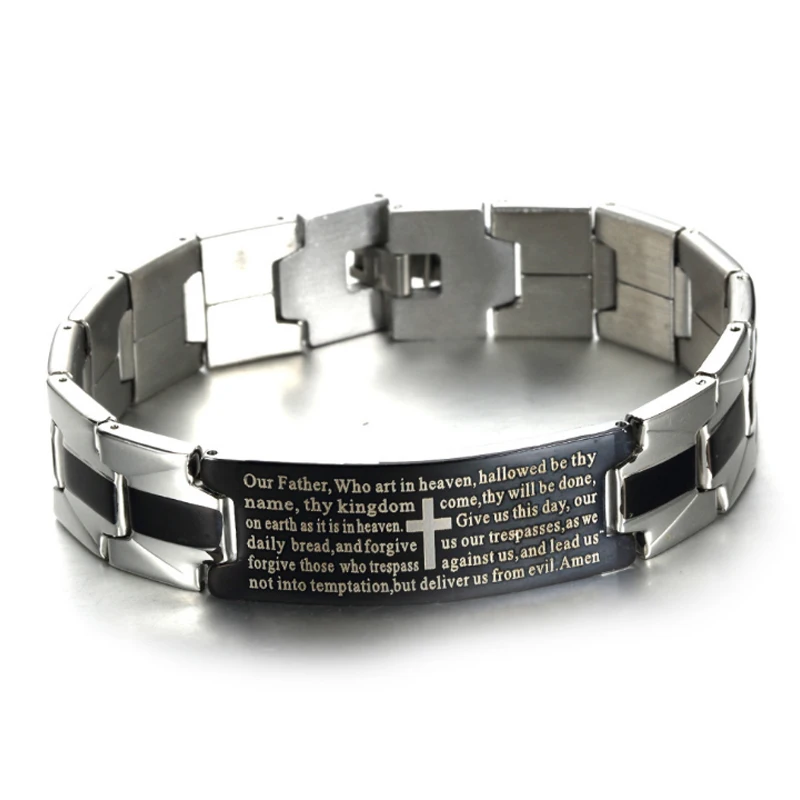 Para Hombre Negro Acero Inoxidable Pulsera De Oración Cruz español Biblia señores Cadena Enlace