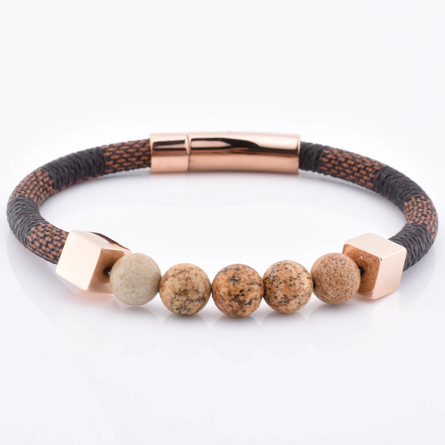 Unique Men Stainless Steel Custom Logo Name Matt Onxy Bead Brown Leather Bracelet