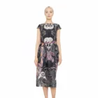Summer casual Crew neck Short sleeve pocket A-line Mid-calf Black Symmetric prin belted dresses women elegant