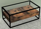 Vintage industrial wooden coffee table with tempered glass top and storage function