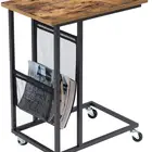 home living room industry engineered rustic brown wood and metal storage corner coffee end table with rolling wheel