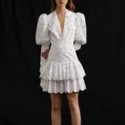 2019 deep v neck white dot dress tutu puff long sleeve women clothes A3187