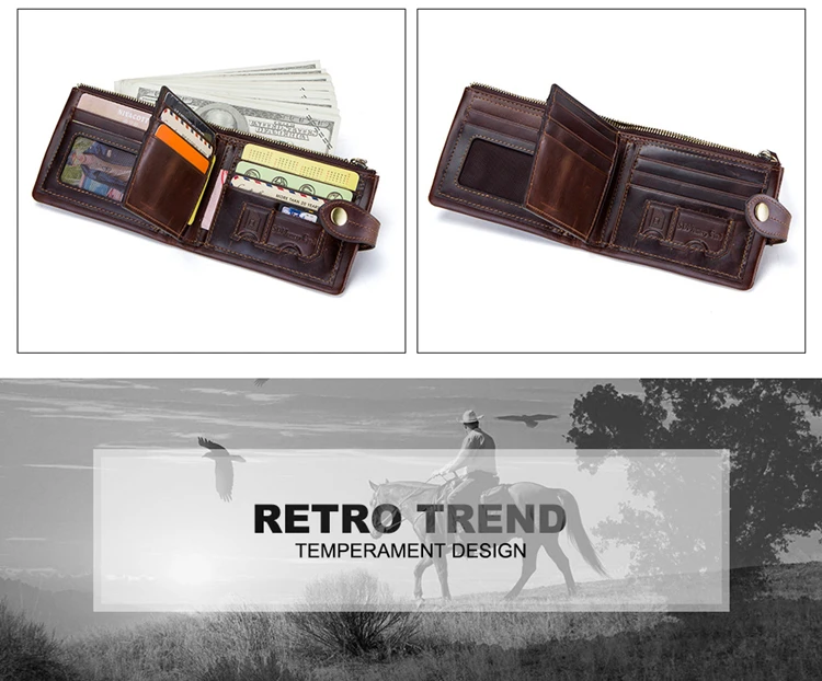 Contact's Genuine Leather Retro Wallet for Men RFID Blocking Bifold 3 frames and Zipper Notes Compartment