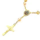Catholic Rosary Bracelet Gold Imitation Pearl Christ Cross Jesus Our Lady Bracelet