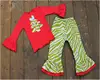 xmas christmas girls red cotton tshirt & kids green ruffle pants 2pcs set