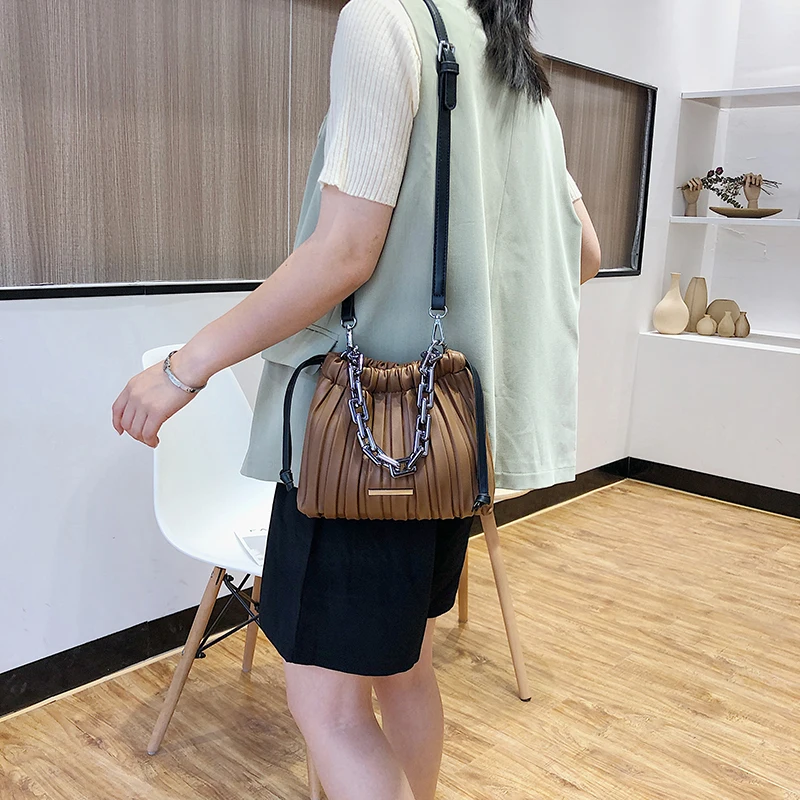 product-Metal Chain Small PU Leather Drawstring Bucket Bag Crossbody Bags For Women 2020 Folds Desig
