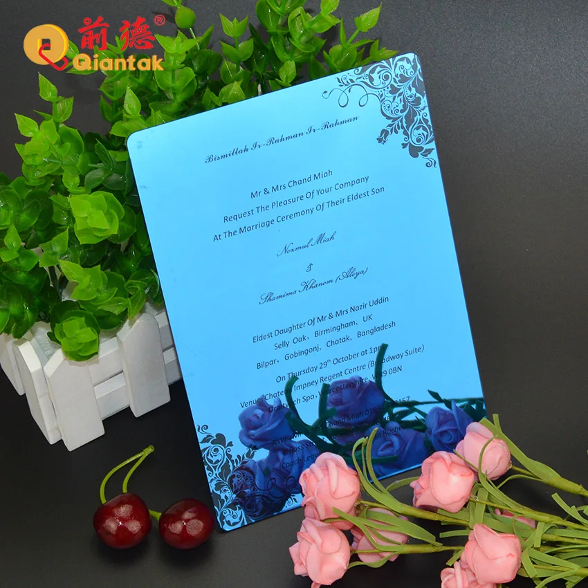 High Quality Customized Size Luxury Blue Mirror Acrylic Wedding Invitation Card