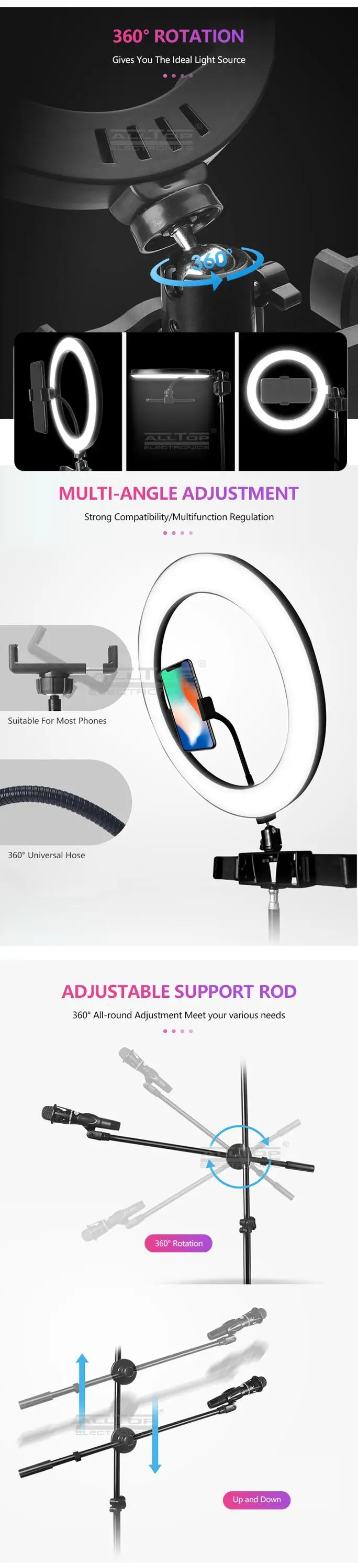ALLTOP Photographic Light Phone Led Video Ring Light with Tripod Stand Camera Circle Selfie Led Ring Light