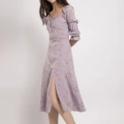 Elegant Lady Square Collar Half Sleeve Lavender Floral Print French Style Vintage Summer Women Dresses Casual