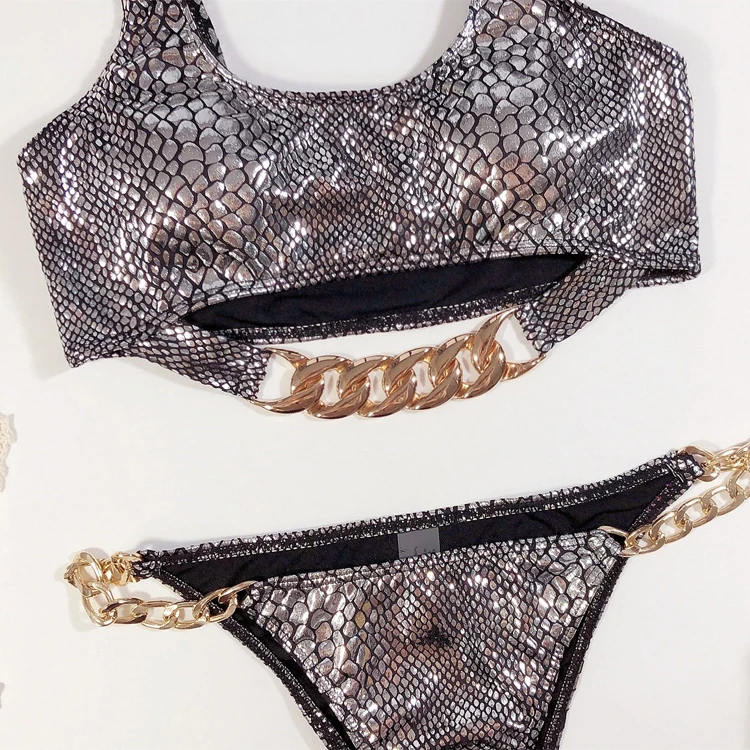 Snake Skin Sexy Swimwear Women Chain Thong Bikini Set Bandage Bikinis