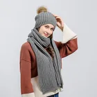 wholesale factory custom Ladies Stripe Warm Casual Knit Scarf Hat fur ball Set
