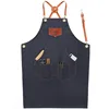 custom logo label real leather strap black denim work apron