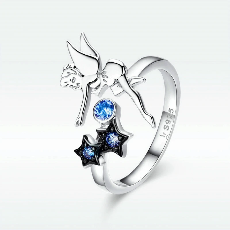 women gemstone ring adjustable 925 sterling silver Fairies star angel wings rings metal ring