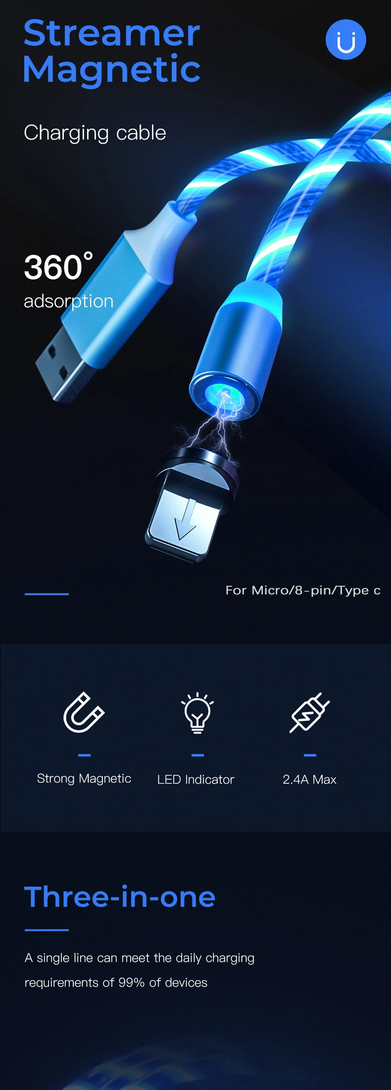 LED Glow Flowing magnetic Charger usb cable Type C Micro USB C 8 Pin Charging for 8-pin android magnetic Cable Charge Wire Cord - ANKUX.COM