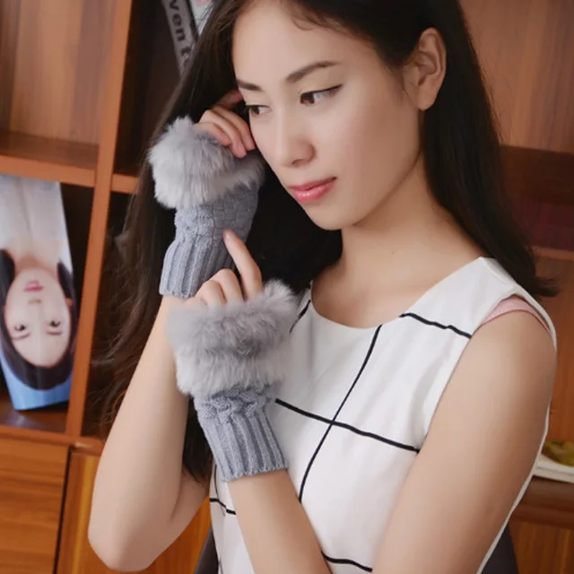 Autumn winter knitting warm half finger fingerless female gloves wool wrist hand wrist fur exposed touch screen short gloves