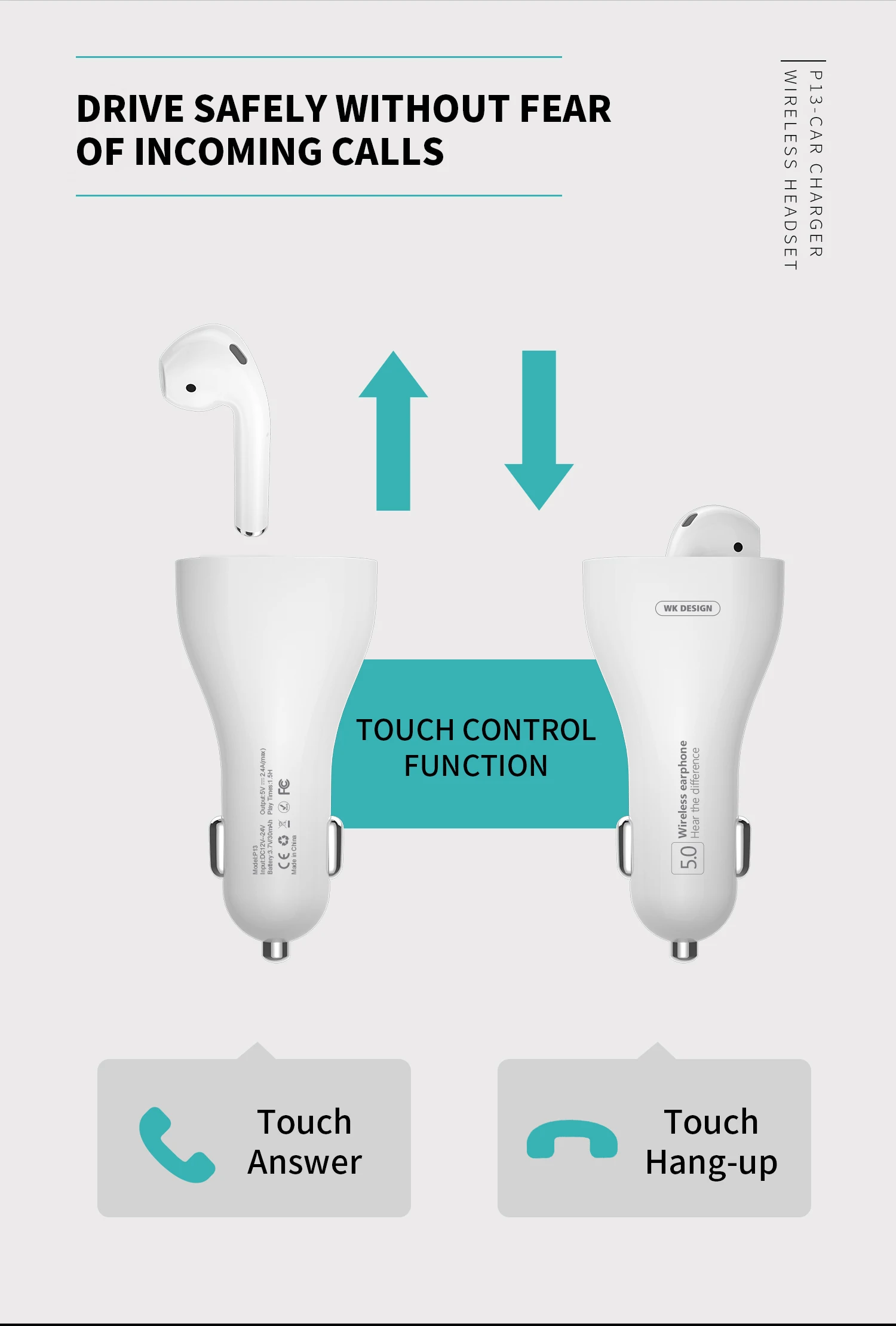 New Arrival P13 2 in 1 Smart Car Charger 2.4A and Wireless Bluetooth 5.0 Headset designed for Drivers Research - ANKUX.COM
