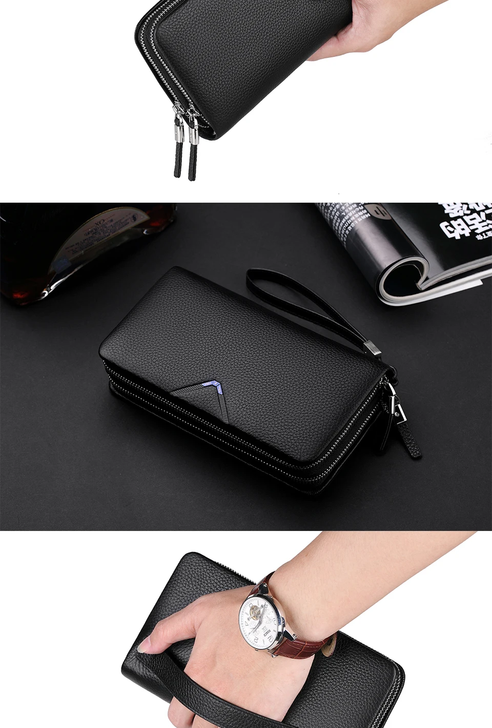 Best Travel Wallet Double Zipper Money Clip Men's Clutch Genuine Leather 9069B Black