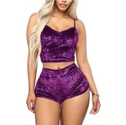 Womens Sexy Velvet 2 Pieces Romper Outfit - Spaghetti Strap Crop Top Camisole and Shorts Bottom Sleepwear Pajama Set