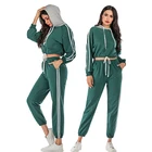 Sexy Crop Top Sweatshirt Two-piece Suit Striped Patchwork Long Sleeve Streetwear Women Hoodie Pants Set