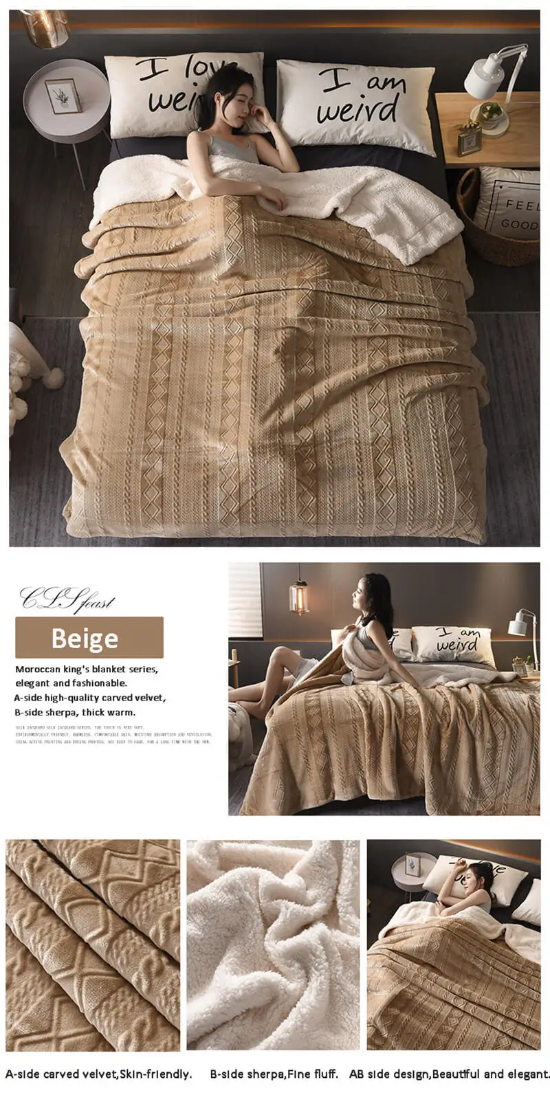 i@home Solid color thick double layer velvet coral fleece sherpa blanket for winter