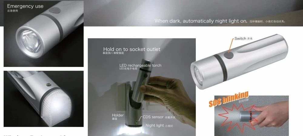 Factory Directly Selling 3-in-1 Wireless Rechargeable Torch EU US AU UK Plug Automatic Base Night Light