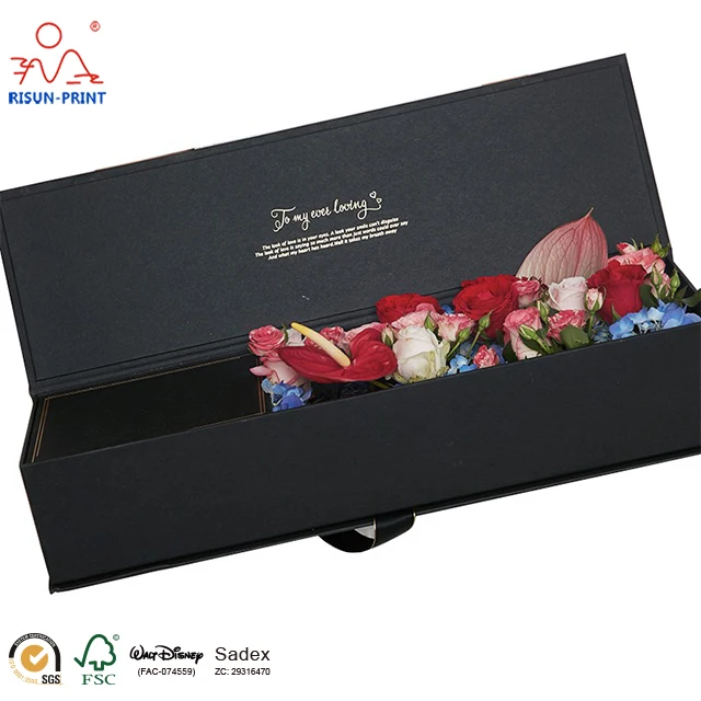 luxury rectangle embossing custom logo black paper flower gift