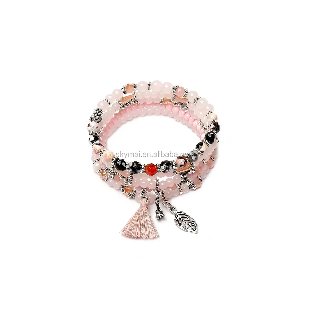 Bohemian Women Crystal pink Gem Colorful Stretch Multi layer Gem Stone Bead Bracelet