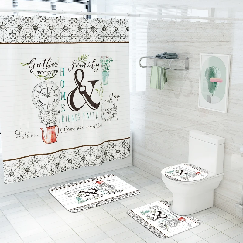 Fashion Style Anti Slip Bathroom Rug 4 Piece Set Custom print Shower curtain