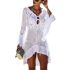 Sexy Crochet Hollow V Neck Beach Tunic Dress Flare Sleeve Bikini swimming suit women