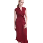 Women Red V-Neck Sleeveless Knot Detailed Waist Evening Dresses Hot Night Party Dresses For Women And Girls