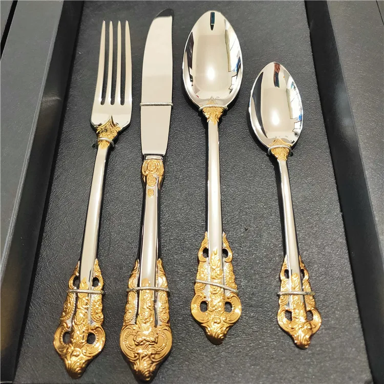 Luxury 24 Piece Gold and Sliver Stainless Steel Cutlery Set with spoon knife fork For GIft Weeding Party