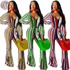 9081515 queenmoen new style 2019 autumn new long sleeve V neck stripe wide leg women casual sexy jumpsuit