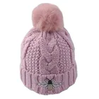 Winter ladies knit cable pattern Faux Fur Ball beanies hat with custom embroidery