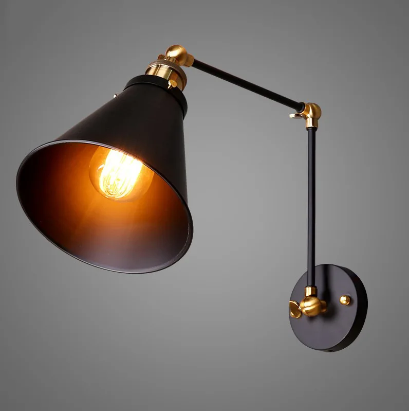 Industrial Retro Double Swing Arm Lamp Brass Metal  Black Tapered Shade Wall Sconce
