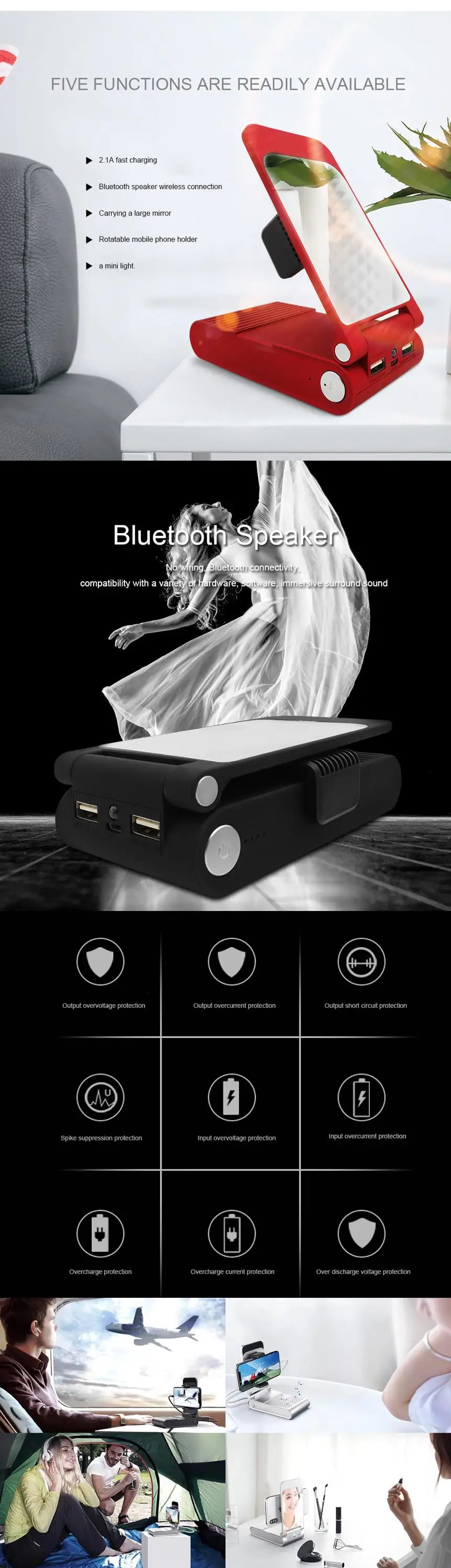 Lithium 1000mAh USB 5V 1A 2.1A power bank mirror stand and bluetooth speaker for apple smartphone and tablet pc notebook - ANKUX.COM