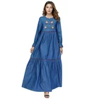 Wholesale Latest Design Embroidery Loose Plus-size Dress Button Big Long Sleeve Dress Abaya Gown Style