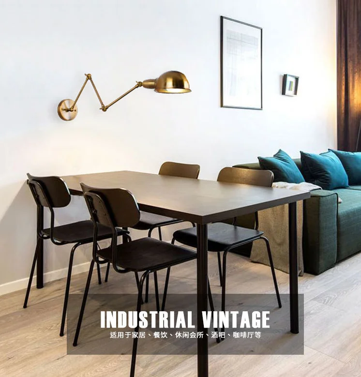 Industrial Retro Brass Wall Light Adjustable 1-Light Indoor Wall Sconce with Extendable Double Swing Arms