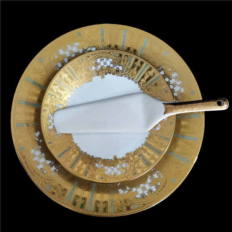 Wedding cake plates with stand with cake knife with 6 plates gold inlay fer party decorative cake set