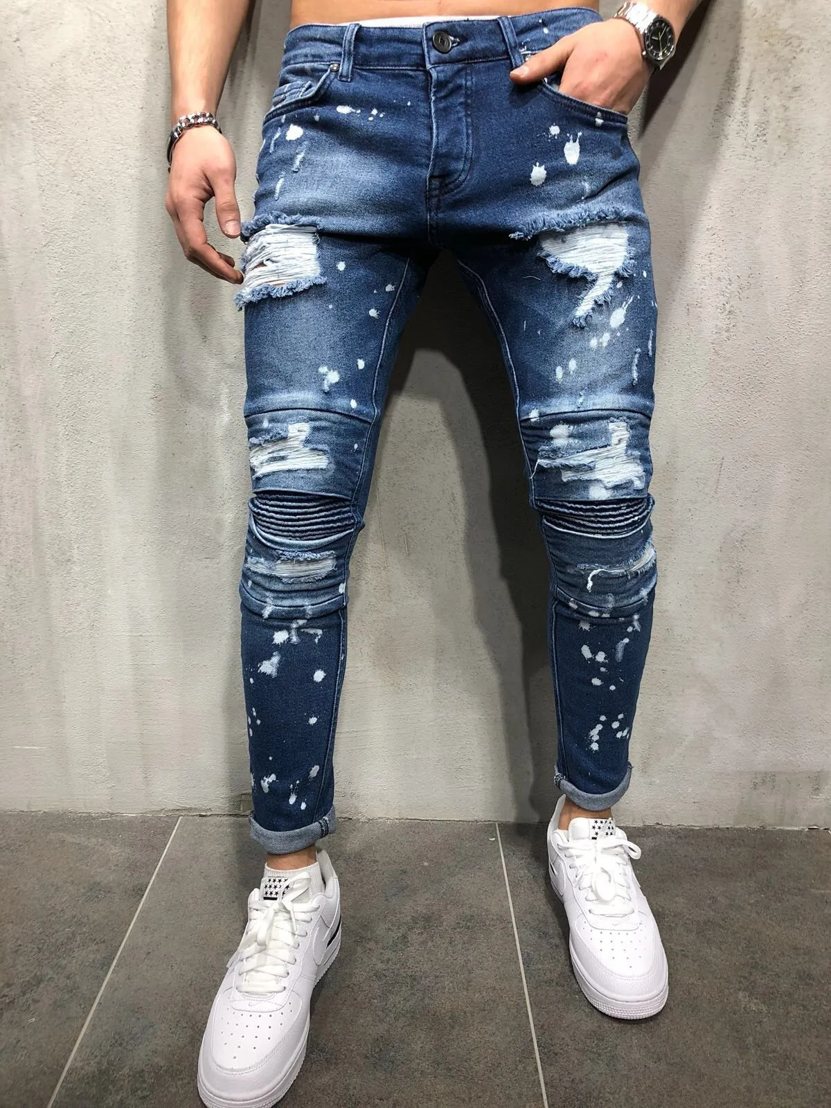 High Quality Denim Patch Skinny Biker Jean Men Denim Jeans Straight Spandex / Cotton Customized Designs Offers Custom Label