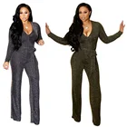 Sexy v neck sparkly jumpsuits long sleeve loose pants party clubwear with belt