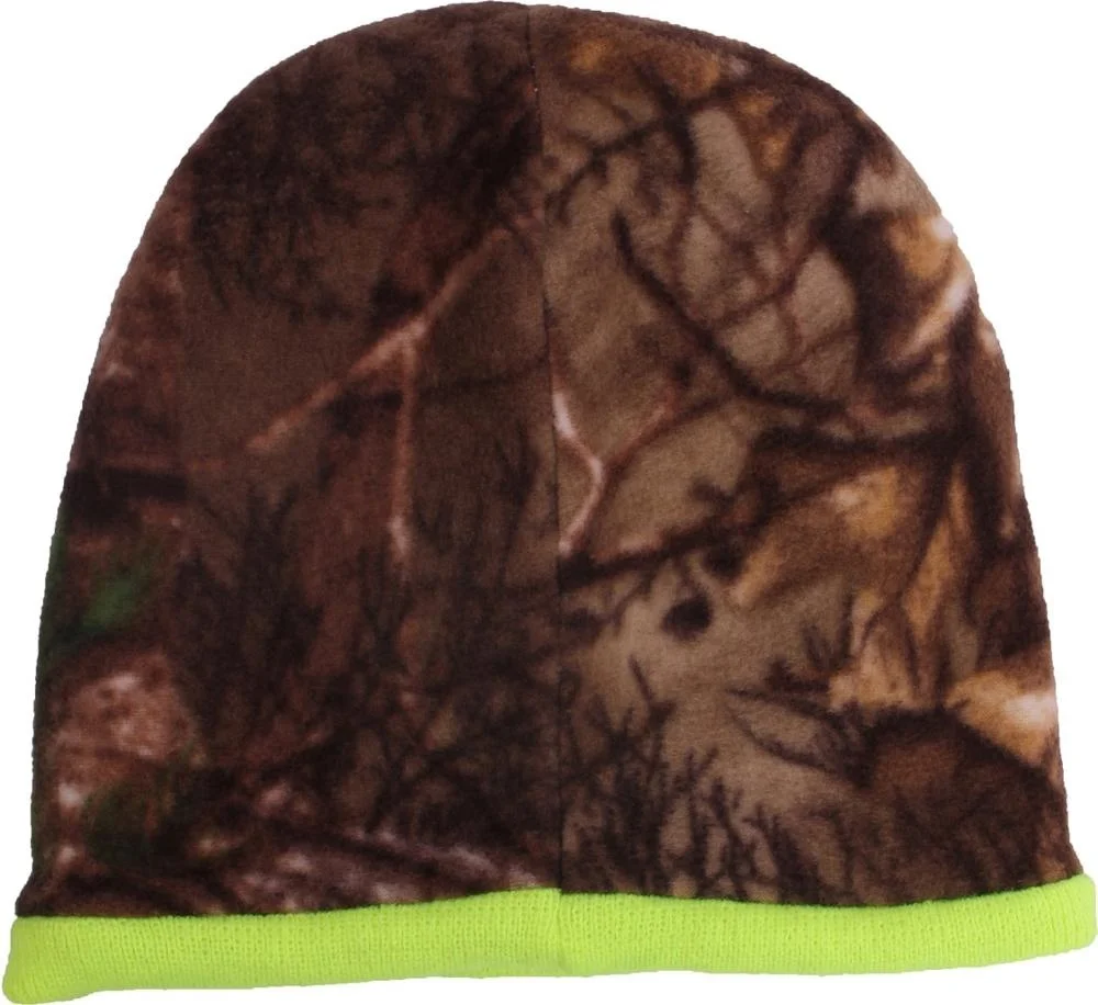 Неоновая желтая акриловая вязаная шапка с флисовой подкладкой Двусторонняя камуфляжная шапочка для зимы