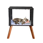 New Style Handmade Woven Pet Cat Cage Storage Basket With Soft Carpet And Wood Shelf As Pet House Bed