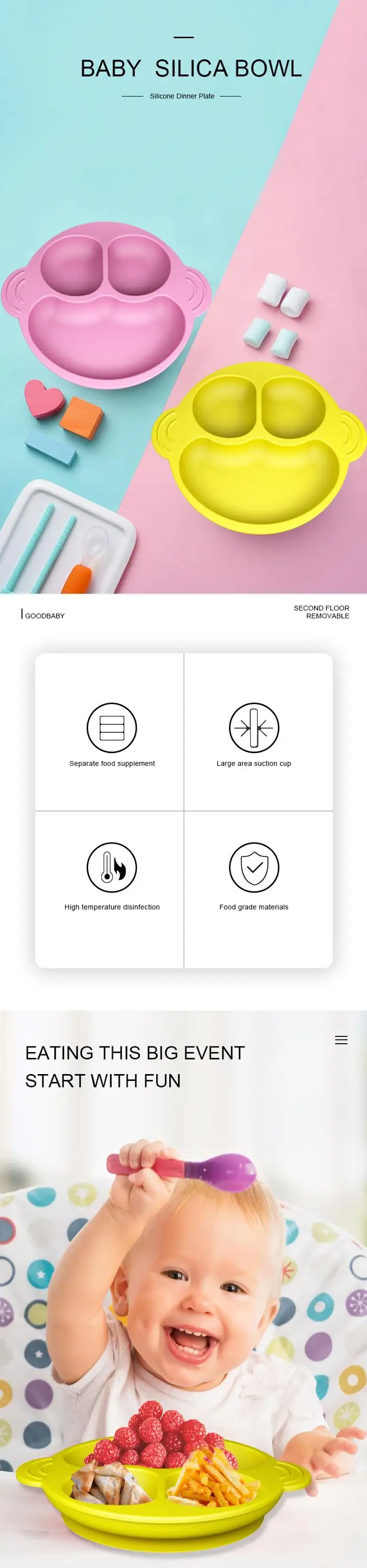 Silicone Baby Plate With Suction Feeding Placemat Set  Non-Slip Toddlers Food Feeding baby plate  for Children