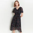 Wholesale ladies chiffon dress short sleeve v neck high waist floral fit black long dress for women