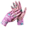 Labour supply purple flower print polyester liner PU gloves for gardening